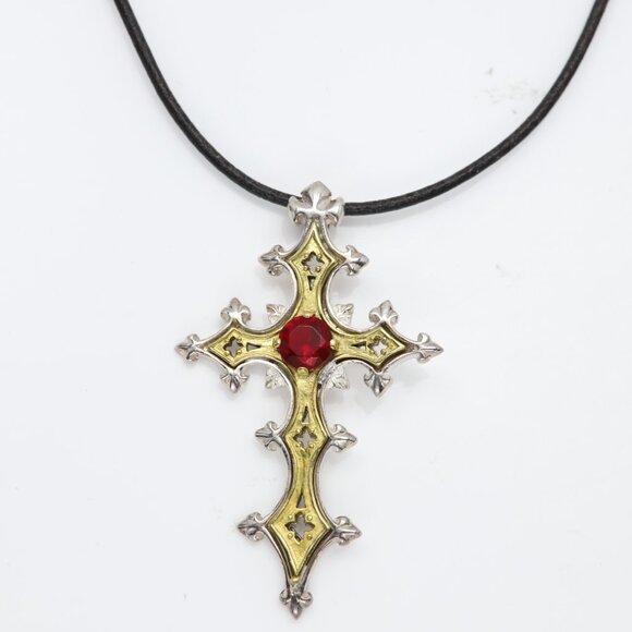 Vintage Gothic Cross Sterling Silver & Brass Artistic Red Cross Red Stone - Picture 6 of 12